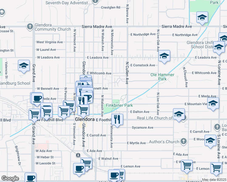 map of restaurants, bars, coffee shops, grocery stores, and more near 416 East Bougainvillea Lane in Glendora