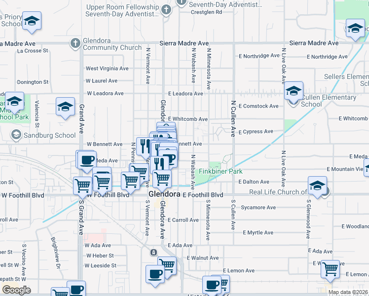 map of restaurants, bars, coffee shops, grocery stores, and more near 201 East Bennett Avenue in Glendora