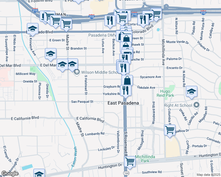 map of restaurants, bars, coffee shops, grocery stores, and more near 3629 Grayburn Road in Pasadena