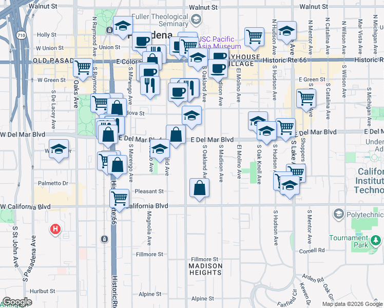 map of restaurants, bars, coffee shops, grocery stores, and more near 335 South Los Robles Avenue in Pasadena