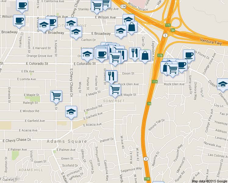 map of restaurants, bars, coffee shops, grocery stores, and more near 1410 Rock Glen Avenue in Glendale