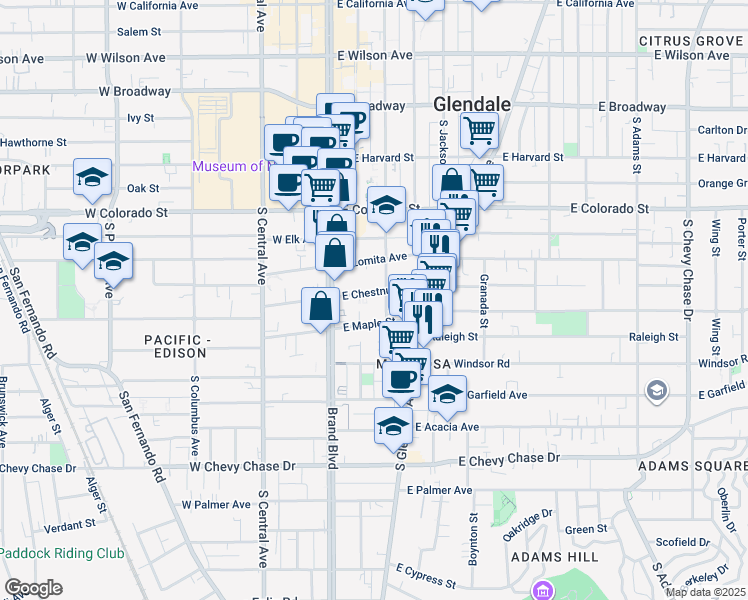 map of restaurants, bars, coffee shops, grocery stores, and more near in Glendale