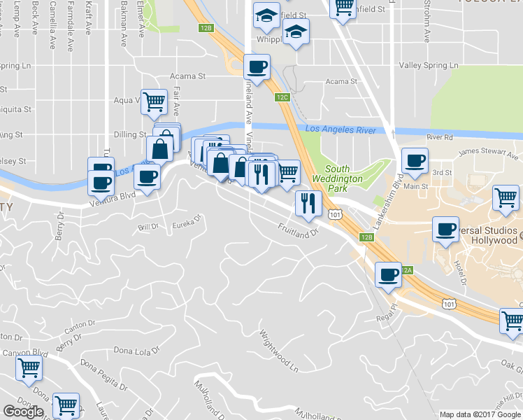 map of restaurants, bars, coffee shops, grocery stores, and more near in Los Angeles