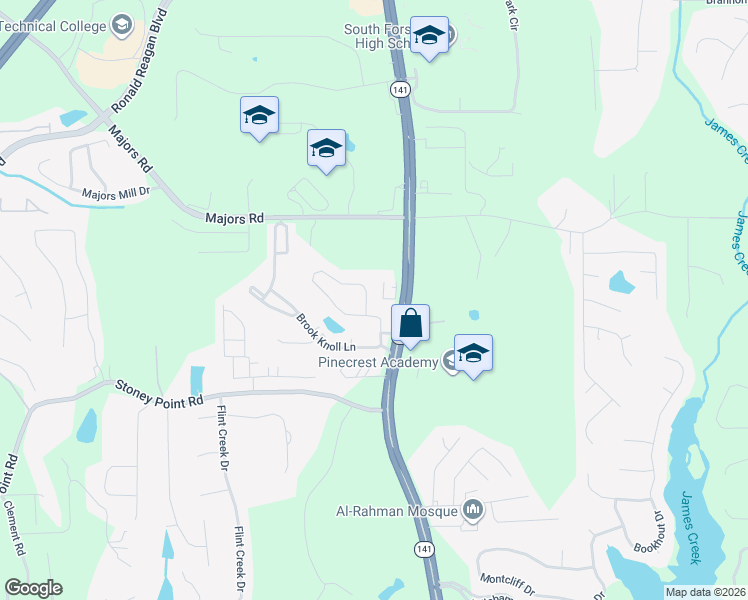 map of restaurants, bars, coffee shops, grocery stores, and more near 1415 Creek Vista Drive in Cumming