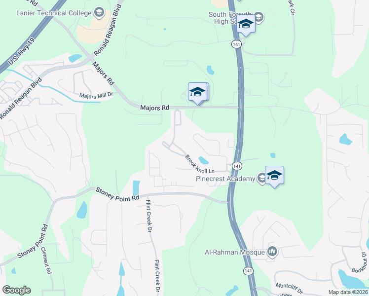 map of restaurants, bars, coffee shops, grocery stores, and more near 1540 Brook Knoll Lane in Cumming