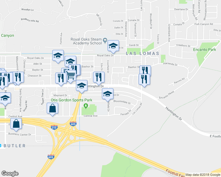 map of restaurants, bars, coffee shops, grocery stores, and more near 2502 Huntington Drive in Duarte