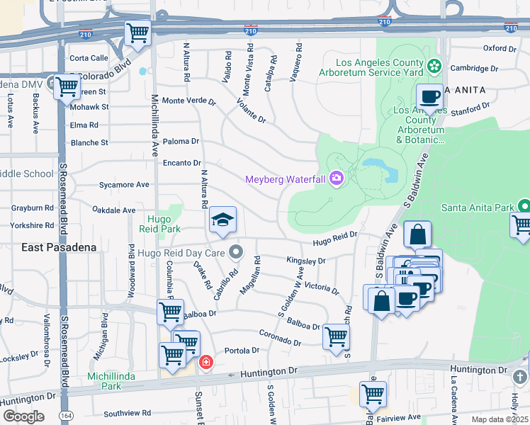 map of restaurants, bars, coffee shops, grocery stores, and more near 921 Panorama Drive in Arcadia