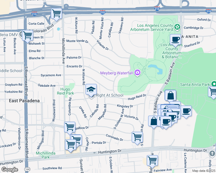 map of restaurants, bars, coffee shops, grocery stores, and more near 921 Panorama Drive in Arcadia