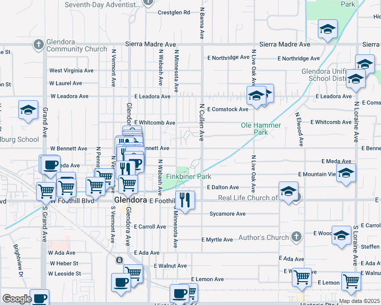 map of restaurants, bars, coffee shops, grocery stores, and more near 432 East Bennett Avenue in Glendora
