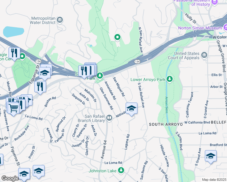map of restaurants, bars, coffee shops, grocery stores, and more near 120 Annandale Road in Pasadena