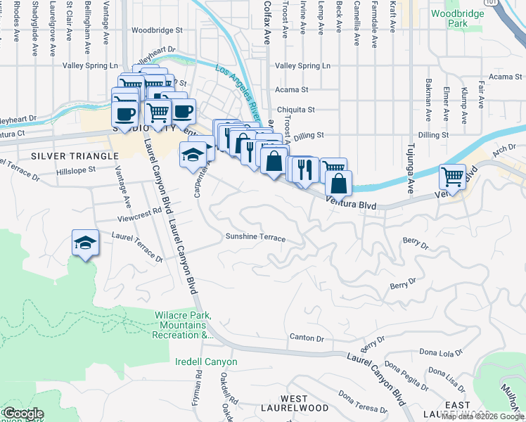 map of restaurants, bars, coffee shops, grocery stores, and more near 3858 Buena Park Drive in Los Angeles