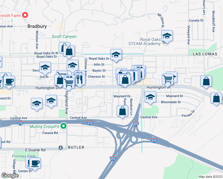 map of restaurants, bars, coffee shops, grocery stores, and more near 1222 Stonewood Drive in Duarte