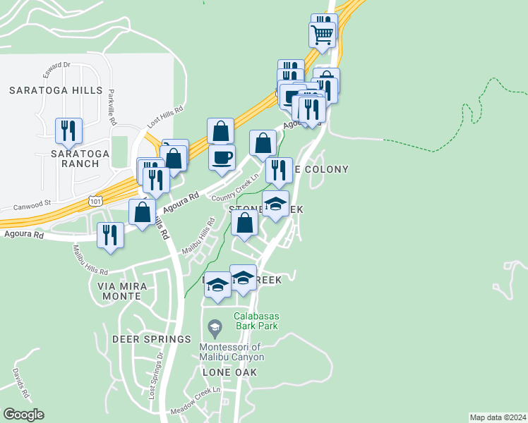 map of restaurants, bars, coffee shops, grocery stores, and more near 4366 Willow Glen Street in Calabasas