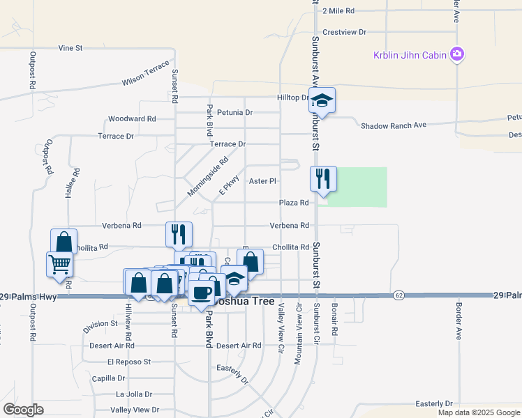 map of restaurants, bars, coffee shops, grocery stores, and more near 61947 Plaza Road in Joshua Tree