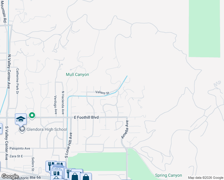 map of restaurants, bars, coffee shops, grocery stores, and more near 2233 Valiant Street in Glendora