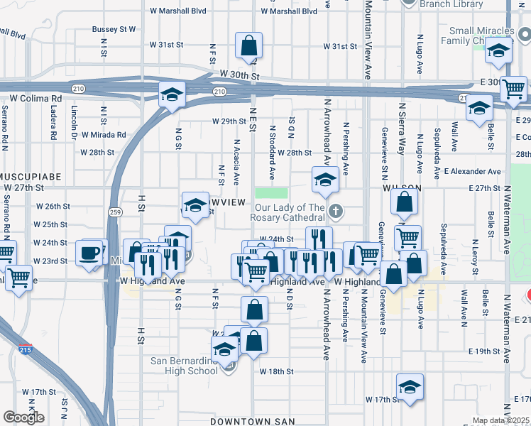 map of restaurants, bars, coffee shops, grocery stores, and more near 470 West 25th Street in San Bernardino