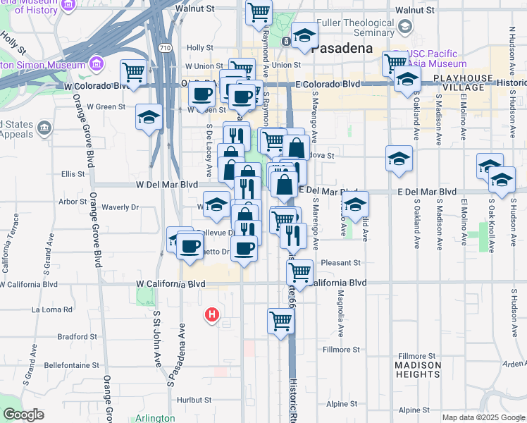 map of restaurants, bars, coffee shops, grocery stores, and more near 361 South Raymond Avenue in Pasadena
