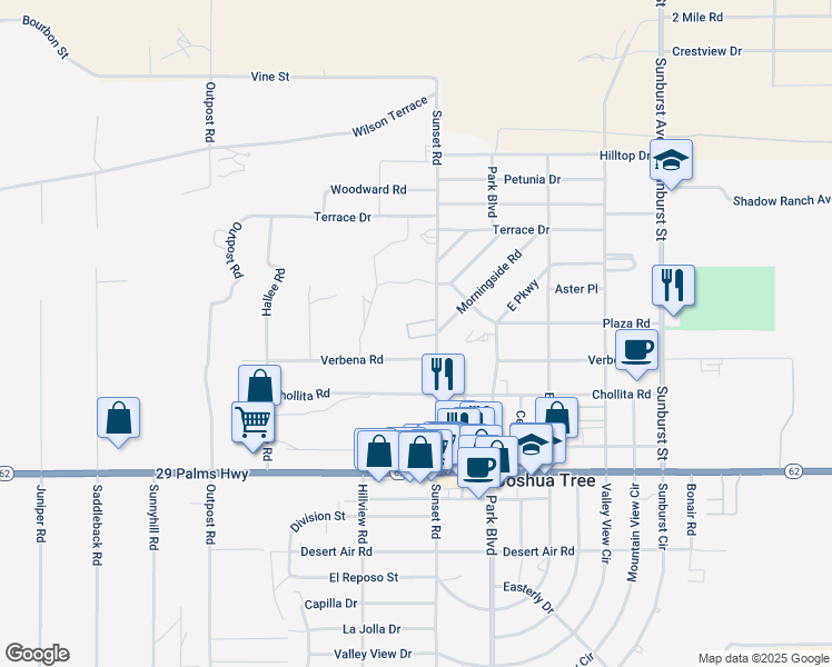 map of restaurants, bars, coffee shops, grocery stores, and more near 6036 Sunset Road in Joshua Tree