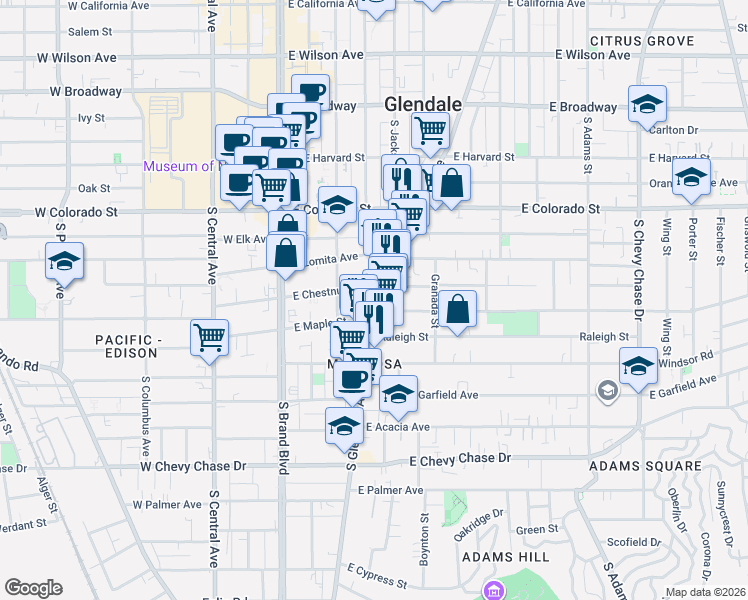map of restaurants, bars, coffee shops, grocery stores, and more near 615 South Glendale Avenue in Glendale