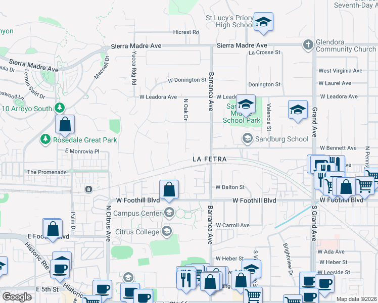 map of restaurants, bars, coffee shops, grocery stores, and more near 259 Seville Court in Glendora