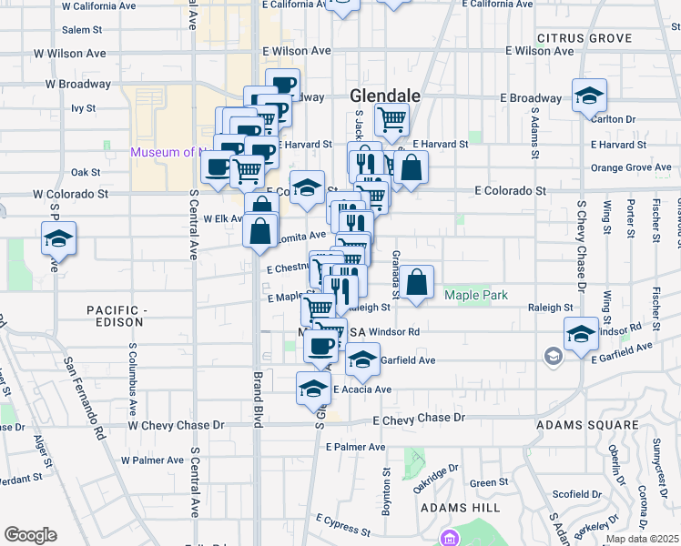 map of restaurants, bars, coffee shops, grocery stores, and more near 615 South Glendale Avenue in Glendale