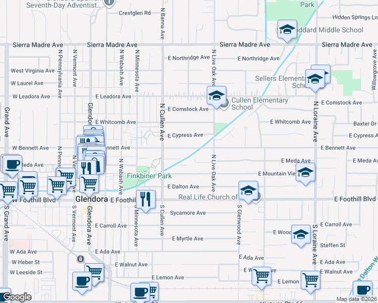 map of restaurants, bars, coffee shops, grocery stores, and more near 568 East Bennett Avenue in Glendora