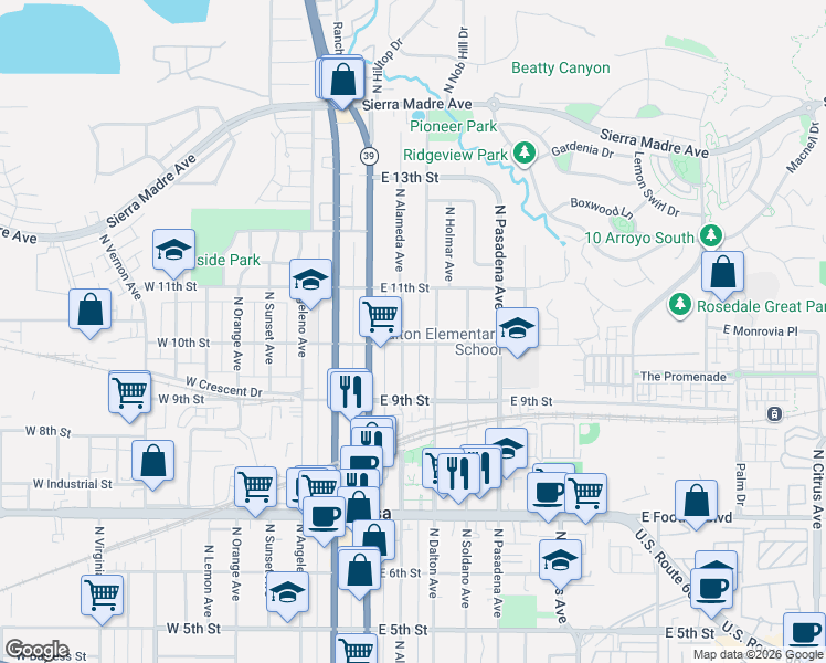 map of restaurants, bars, coffee shops, grocery stores, and more near 1026 North Alameda Avenue in Azusa