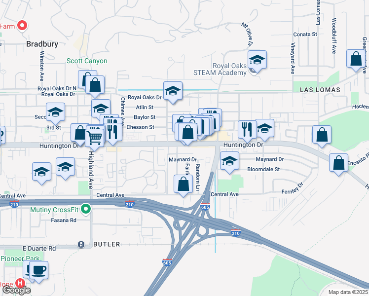 map of restaurants, bars, coffee shops, grocery stores, and more near 2151 East Huntington Drive in Duarte