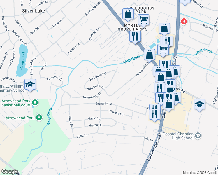 map of restaurants, bars, coffee shops, grocery stores, and more near 237 Normandy Drive in Wilmington