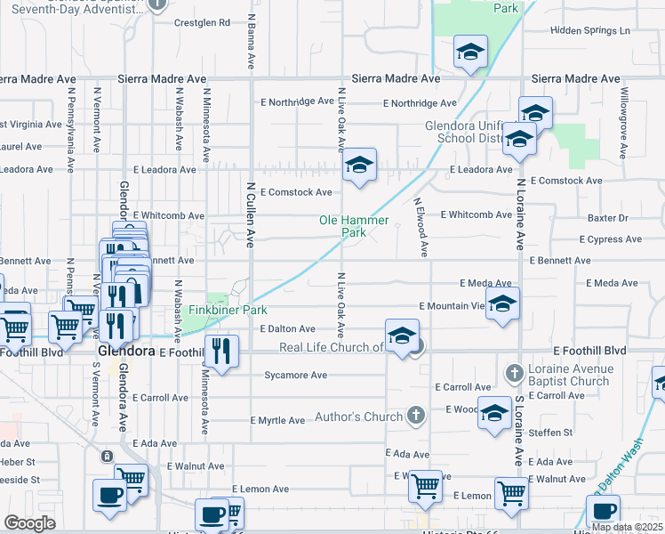 map of restaurants, bars, coffee shops, grocery stores, and more near 652 East Bennett Avenue in Glendora