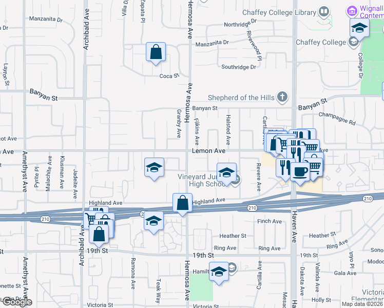 map of restaurants, bars, coffee shops, grocery stores, and more near 10086 Lemon Avenue in Rancho Cucamonga