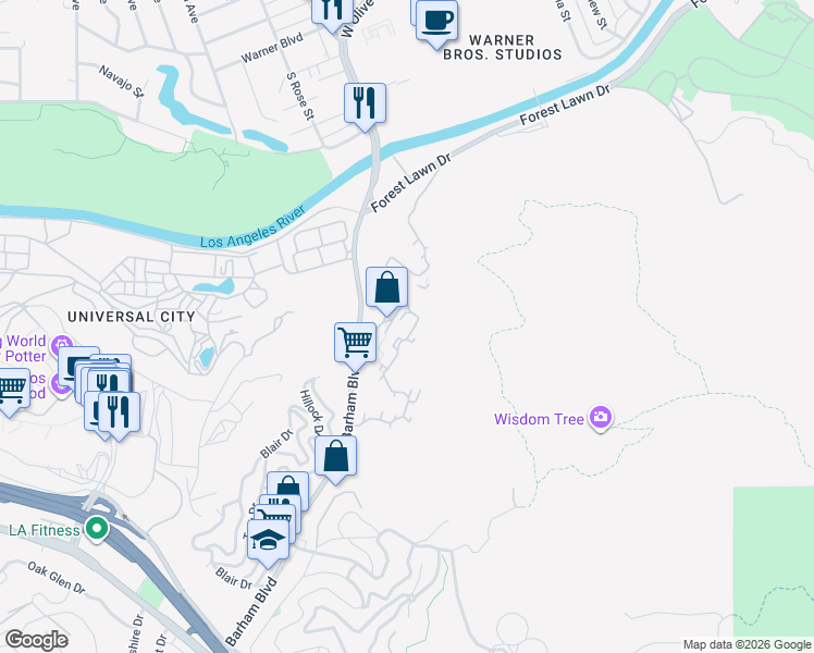 map of restaurants, bars, coffee shops, grocery stores, and more near 3658 Barham Boulevard in Los Angeles