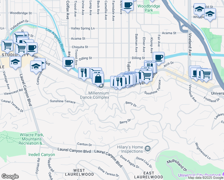 map of restaurants, bars, coffee shops, grocery stores, and more near 11472 Ventura Boulevard in Los Angeles