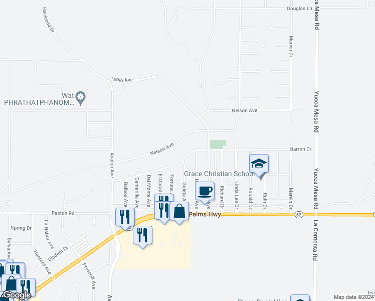 map of restaurants, bars, coffee shops, grocery stores, and more near 58798 Barron Drive in Yucca Valley