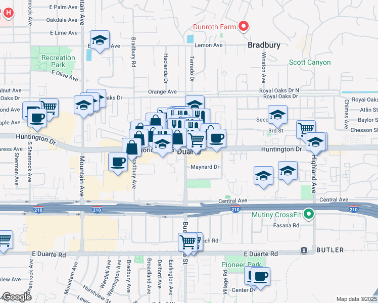map of restaurants, bars, coffee shops, grocery stores, and more near 808 Crestfield Drive in Duarte