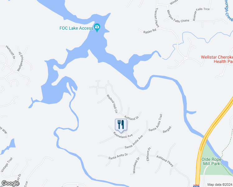 map of restaurants, bars, coffee shops, grocery stores, and more near 136 Walnut Hall Circle in Woodstock