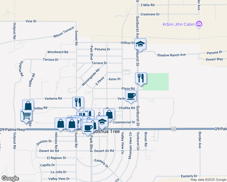 map of restaurants, bars, coffee shops, grocery stores, and more near 61947 Plaza Road in Joshua Tree