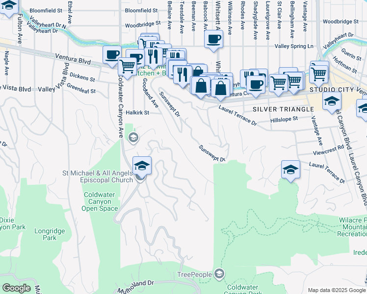 map of restaurants, bars, coffee shops, grocery stores, and more near 3760 Goodland Avenue in Los Angeles