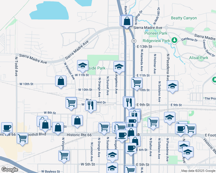 map of restaurants, bars, coffee shops, grocery stores, and more near 1010 North Sunset Avenue in Azusa