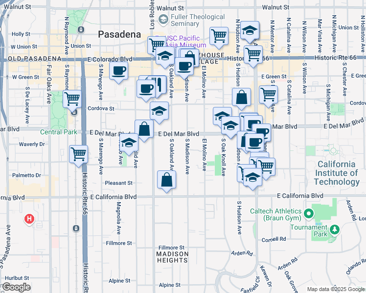 map of restaurants, bars, coffee shops, grocery stores, and more near 355 South Madison Avenue in Pasadena