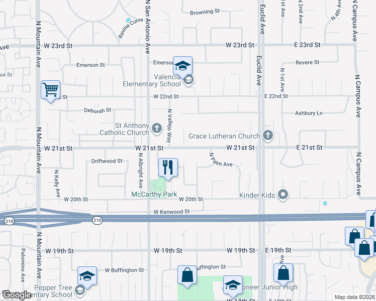 map of restaurants, bars, coffee shops, grocery stores, and more near 512 West 21st Street in Upland