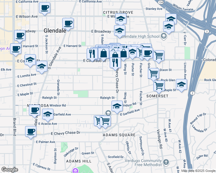 map of restaurants, bars, coffee shops, grocery stores, and more near 1124 East Chestnut Street in Glendale