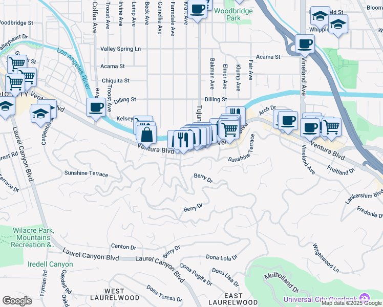 map of restaurants, bars, coffee shops, grocery stores, and more near 11441 Ventura Boulevard in Los Angeles