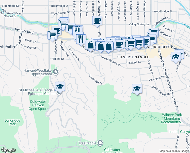 map of restaurants, bars, coffee shops, grocery stores, and more near 4110 Vanetta Place in Los Angeles