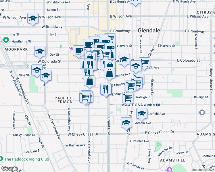 map of restaurants, bars, coffee shops, grocery stores, and more near 600 North Brand Boulevard in Glendale