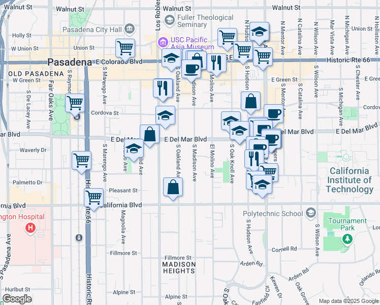 map of restaurants, bars, coffee shops, grocery stores, and more near 355 South Madison Avenue in Pasadena