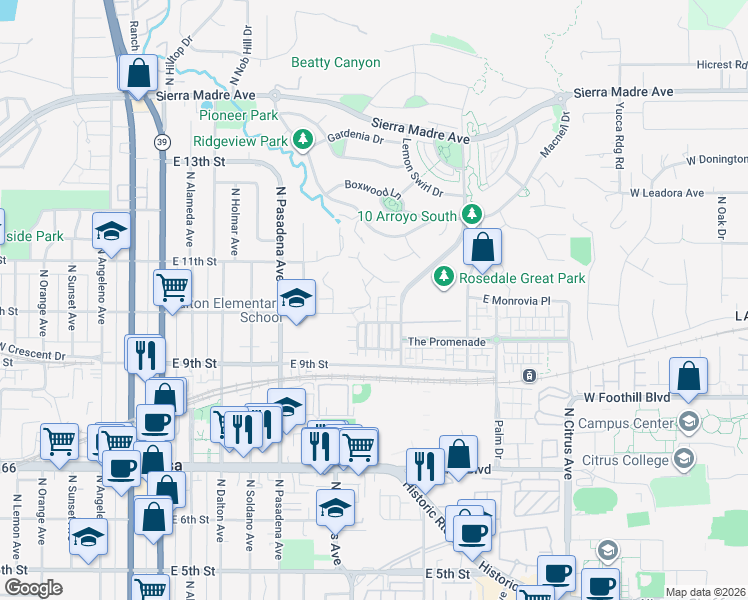 map of restaurants, bars, coffee shops, grocery stores, and more near 953 North Cornejo Way in Azusa