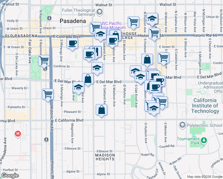 map of restaurants, bars, coffee shops, grocery stores, and more near 343 South Madison Avenue in Pasadena