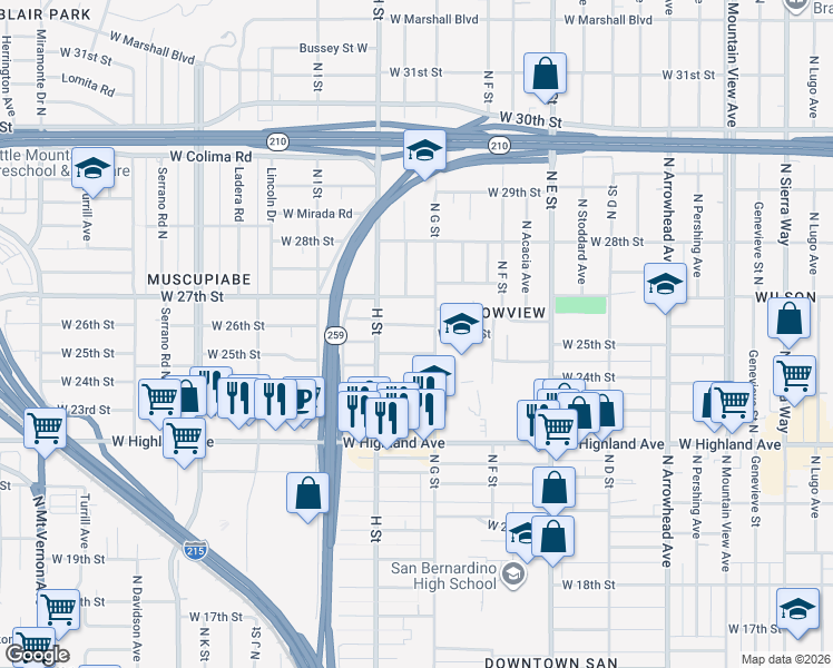 map of restaurants, bars, coffee shops, grocery stores, and more near 725 West 26th Street in San Bernardino