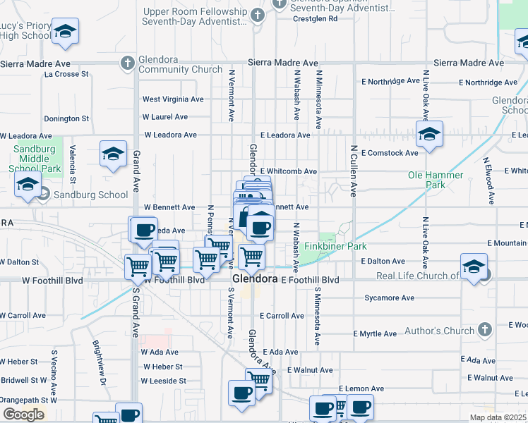 map of restaurants, bars, coffee shops, grocery stores, and more near 101 West Bennett Avenue in Glendora